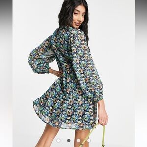 Wednesday's Girl long sleeve mini smock dress with full skirt in vintage floral